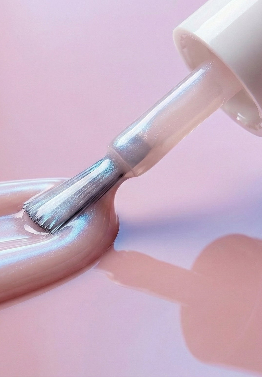 Close-up of a nail polish product being applied with a pink gradient background