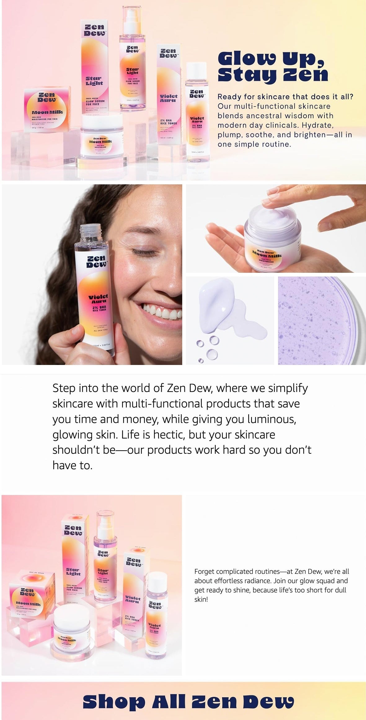 Advertisement for Zen Dew skincare products with images of bottles, jars, and a woman applying cream.